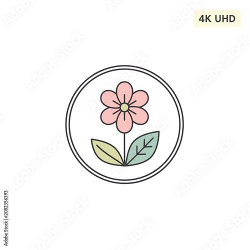 Minimalist pink flower line art in a circular frame.