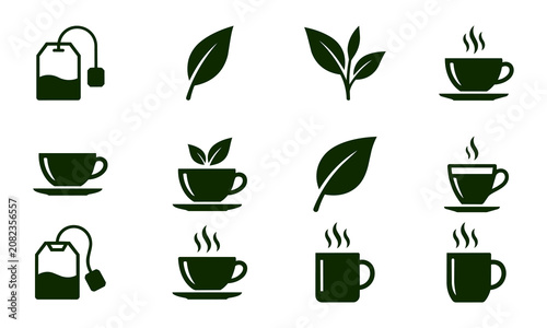 Set of 12 solid green tea and herbal icons. Includes tea bag, tea leaves, tea plant, hot teacup with saucer, herbal tea, tea mug and steam.