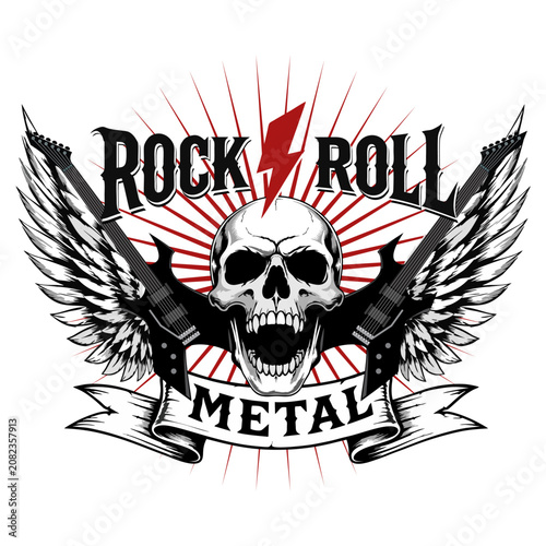 Rock and Roll banner metal Skull with Wings, Crossed Guitars and Vintage - Vector Illustration