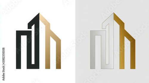 Abstract architectural logo presenting clean lines forming an urban building silhouette with premium metallic finishes, ideal for corporate branding and design projects