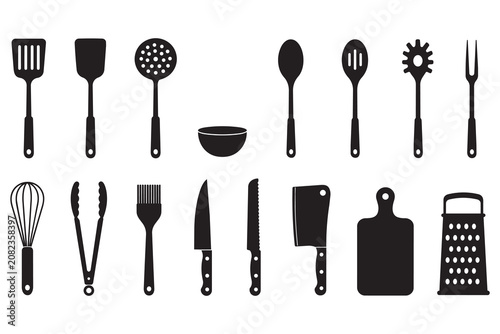Set of black kitchen utensil silhouettes and cooking tools