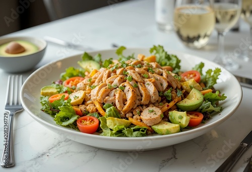 Fresh salad with grilled chicken, avocado, lettuce and vegetables on a plate, healthy balanced meal ideal for menus, restaurants and culinary blogs.