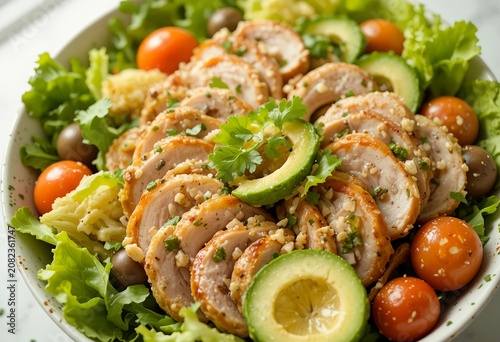 Fresh turkey avocado salad bowl, juicy turkey slices, avocado, cucumber, tomatoes, mixed lettuce, seeds and herbs, realistic food styling.