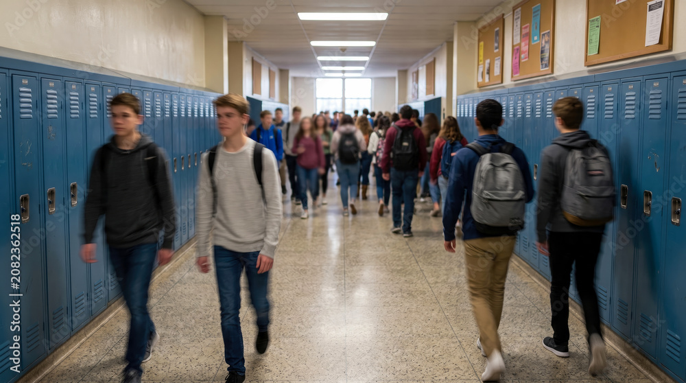 Fototapeta premium Diverse group of high school students walking through bustling school hallway filled with blue lockers, representing academic life, youth culture, and daily education routines.