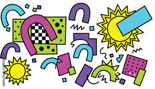 A collection of colorful memphis style geometric shapes including suns, arches, and patterns on a plain white background for