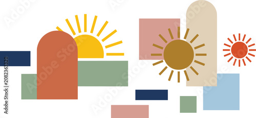 A set of minimalist geometric shapes and sun in muted earthy tones arranged on a clean white background, for projects
