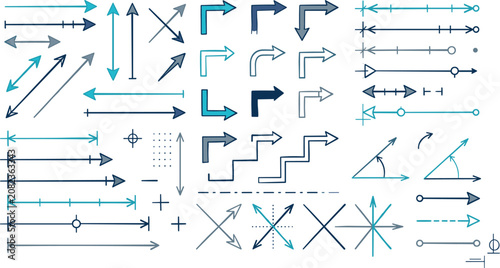 A comprehensive collection of technical engineering arrows and dimension lines in blue tones isolated on a white background, for plans