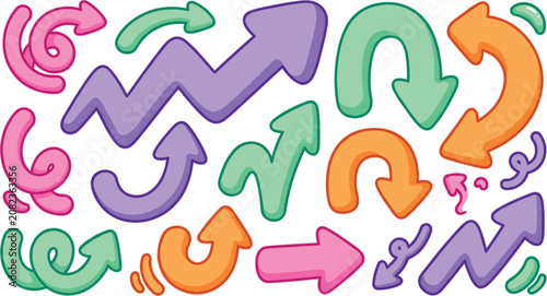 A variety of colorful hand drawn arrows in different shapes and directions isolated on a white background, for business presentations