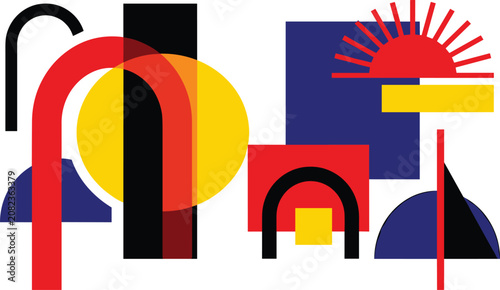 Abstract geometric composition featuring bold shapes including rectangles, circles, arcs, and triangles in primary red, blue, yellow