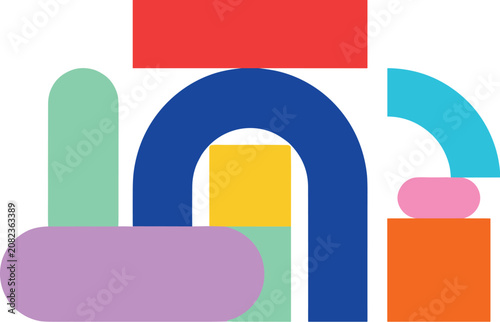 Abstract geometric composition featuring colorful rounded shapes and bold blocks arranged in a playful and balanced flat layout style