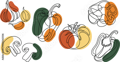 Minimalist line vegetables including garlic, peppers, and mushrooms with soft color blobs for organic kitchen decor prints