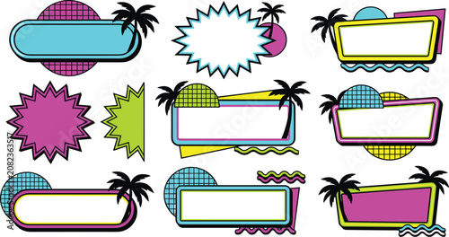 Retro 80s style neon frames with palm trees, geometric grids, and wavy lines for vibrant synthwave or vaporwave projects