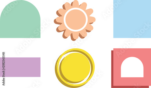 Set of simple geometric shapes including arches, flowers, squares, and circles in soft pastel colors on a white background