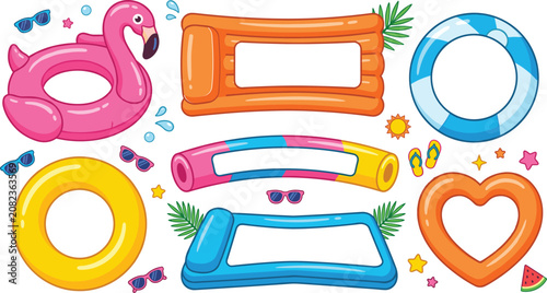 Summer pool party collection with inflatable floats, flamingo ring, heart shape, sunglasses, and tropical leaves on white background