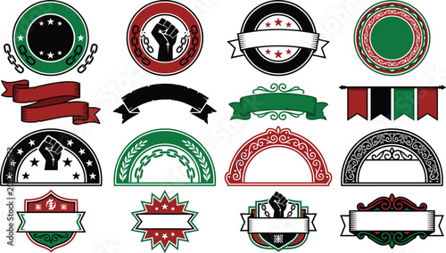 Set of decorative circular and shield shaped badges with ribbons, chains, and star in red, green, and black color palette