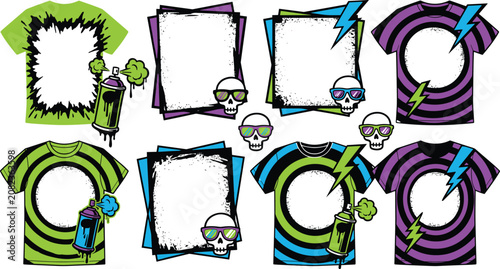 Foto T-shirt templates with graffiti style spray paint cans, skulls wearing sunglasse