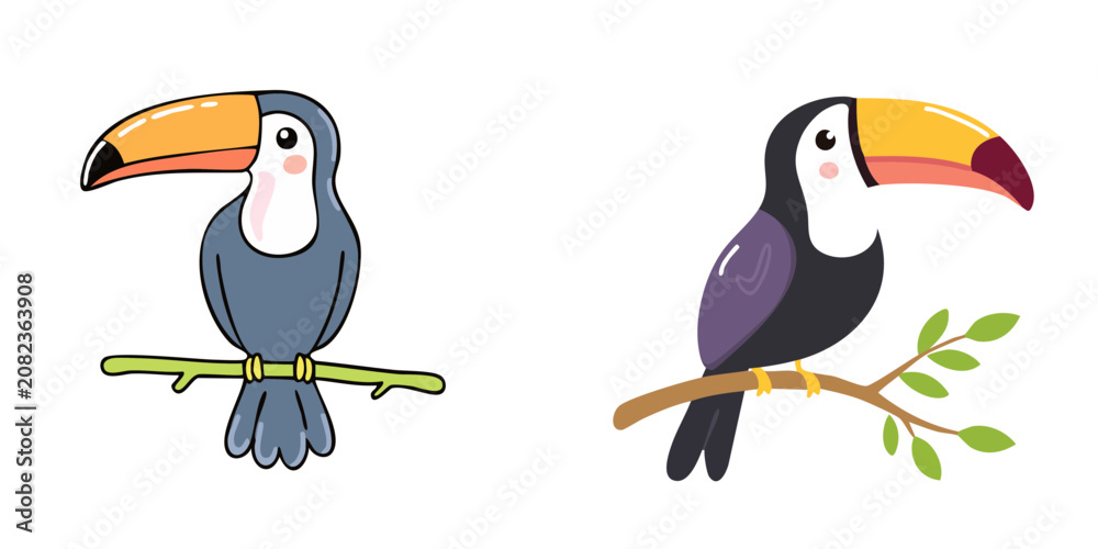 Fototapeta premium Set of two cartoon toucans perched on branches, vibrant beaks, tropical birds
