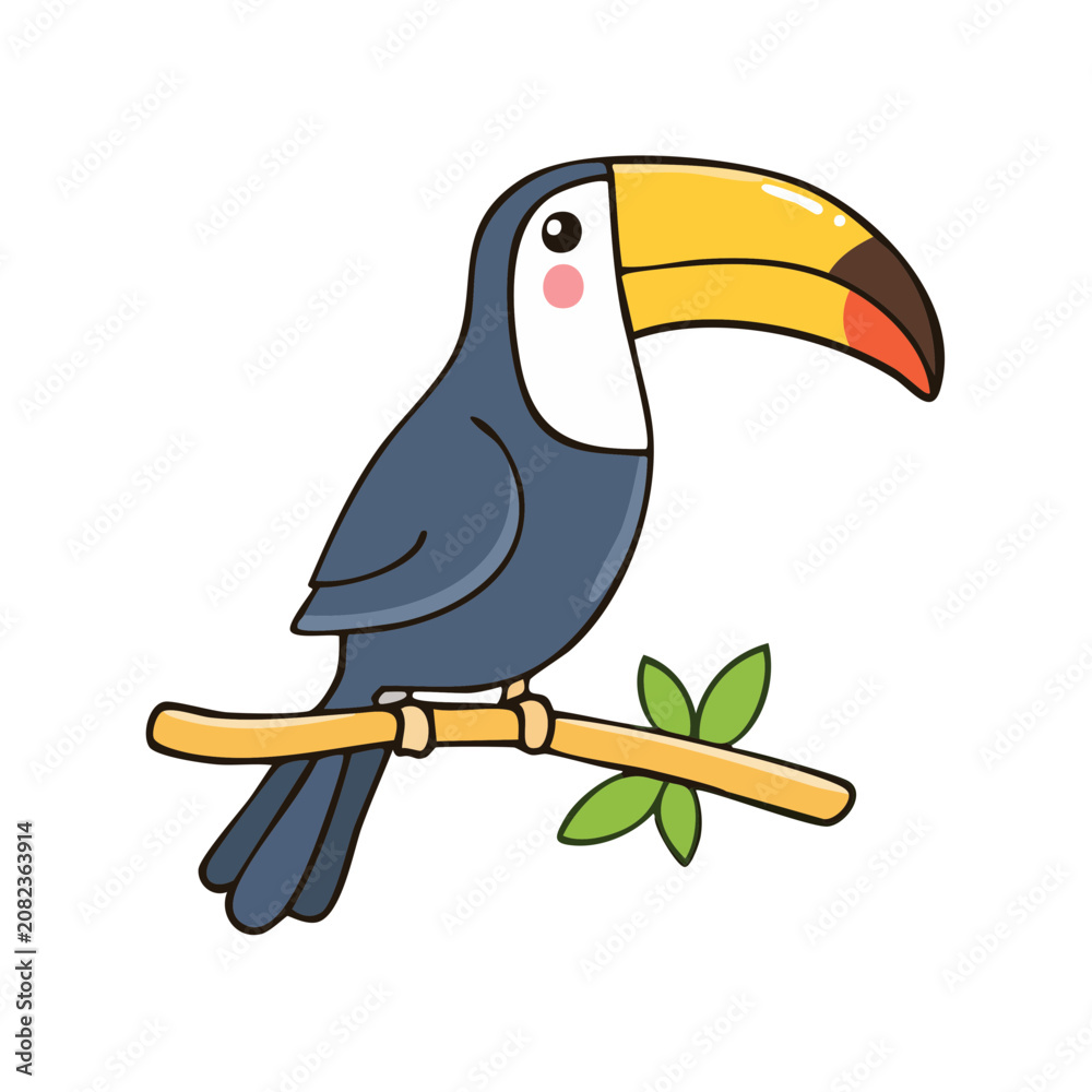 Fototapeta premium Cartoon toucan perched on a branch with green leaves