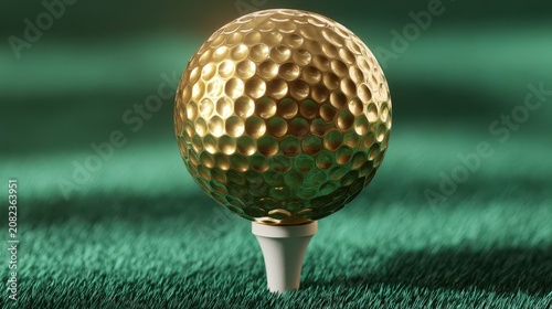 Elegant gold golf ball perched on a tee, premium macro rendering
