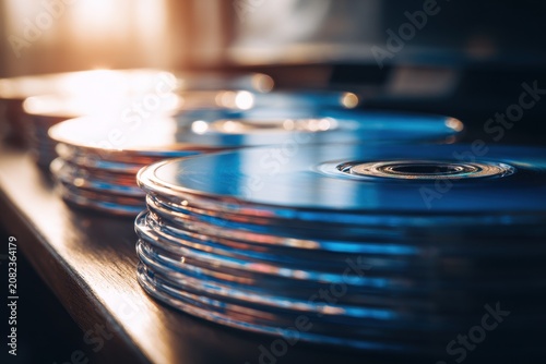 Colorful blu-ray disc stack with reflective surfaces and soft lighting setup