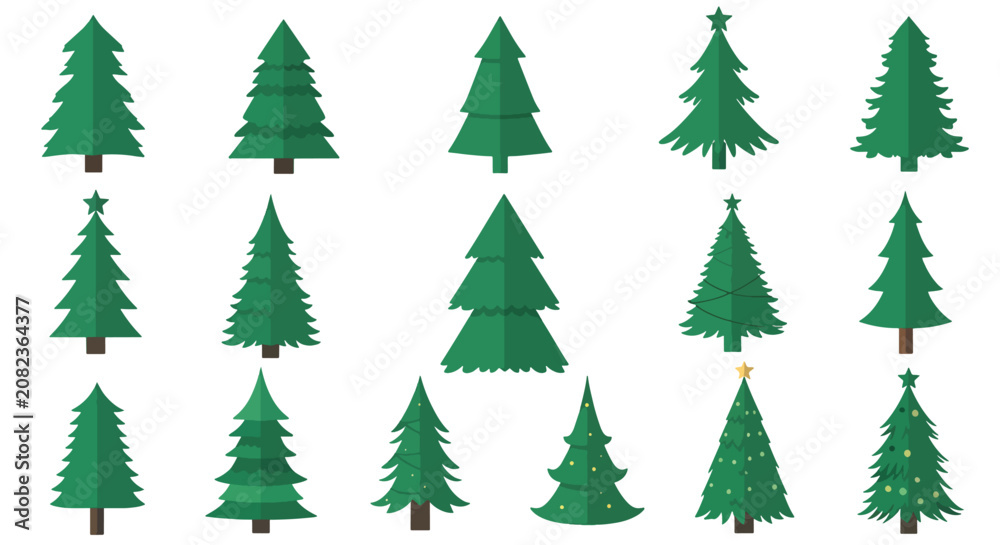Fototapeta premium Green Christmas tree icons set on transparent background.