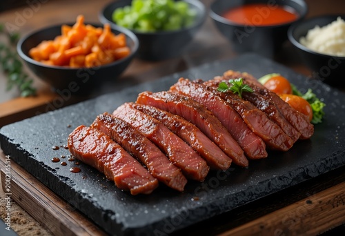 Juicy sliced grilled beef steak on black stone serving board with fresh herbs and side dishes, gourmet restaurant food photography.