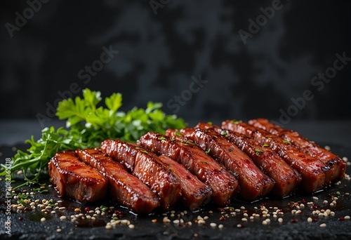 Glazed grilled beef strips with fresh herbs and sesame on black background, gourmet barbecue meat for restaurant menu and food photography.