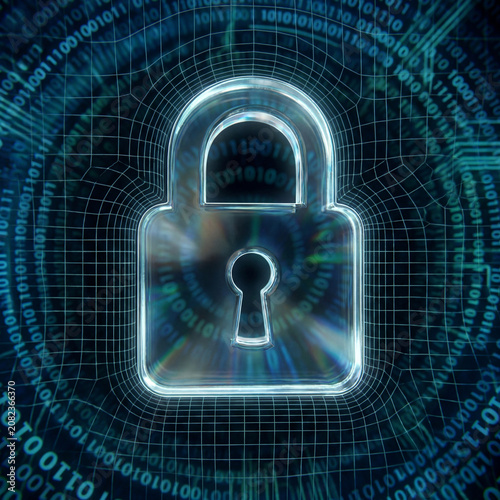 Digital Security Lock Icon on Binary Code Background with Cyber Network Style
