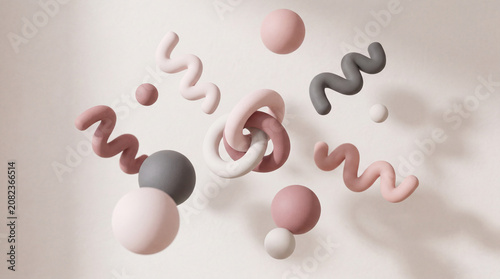 3D Rendered Abstract Spheres and Swirls on Soft Pink Background