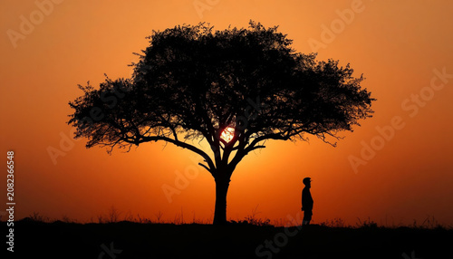 Silhouette of a Lone Child Standing Beneath a Tree at Sunset