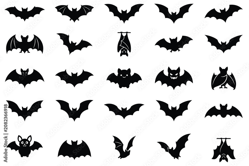 Fototapeta premium Collection of black bat silhouettes for halloween decor