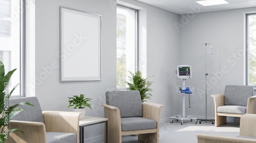 Modern empty hospital waiting room with armchairs medical monitor and blank poster mockup.