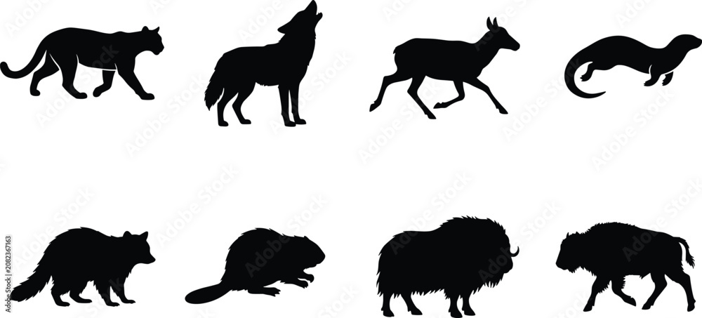 Obraz premium North American Wild Mammal Silhouette Collection with Wolf Cougar Deer Otter Beaver Bison and Fox