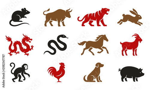 Complete set of 12 Chinese zodiac animals in bold silhouette style. Includes rat, ox, tiger, rabbit, dragon, snake, horse, goat, monkey, rooster, dog and pig.