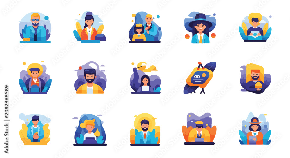 Fototapeta premium Colorful illustration of various cartoon vehicles and transportation icons.