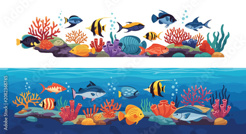 Foto Colorful underwater scene with tropical fish and sea creatures.