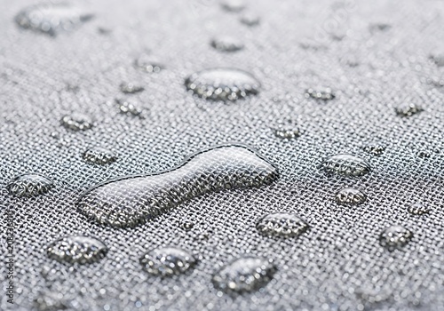 Water droplets on gray fabric surface closeup view