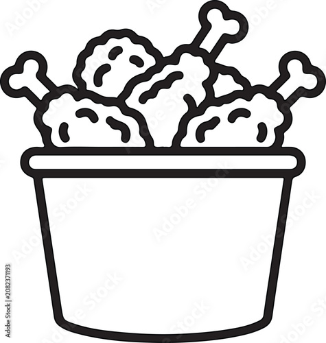 Fried Chicken Bucket Outline Vector Icon on White