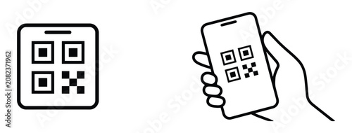 Mobile phone QR code scanning icons featuring hand holding smartphone for digital payment applications