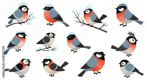 Quadro su tela Colorful cartoon birds perched on a branch illustration.