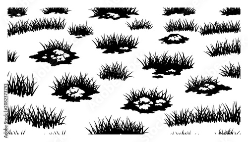 Photos Grass tufts and field patches set nature meadow organic plants black silhouette
