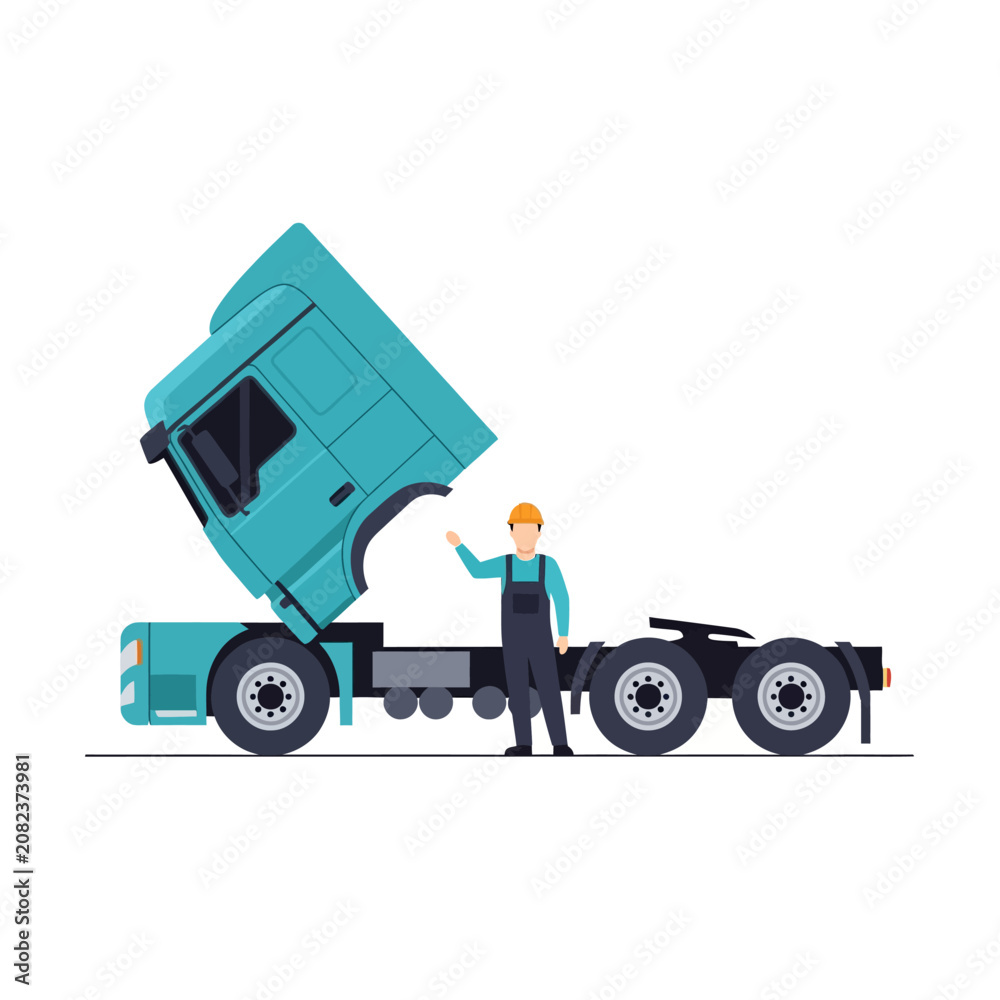 Fototapeta premium Professional vector illustration of a commercial semi-truck cabin interior undergoing engine maintenance and mechanical repair in a workshop garage with specialized tools.