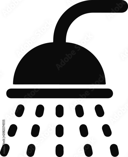 Simple black shower head icon with water droplets