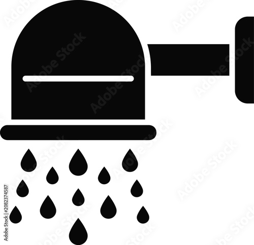 Black shower head with water droplets icon