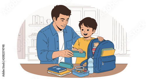 Photos Father teaching his young son how to draw a picture together.