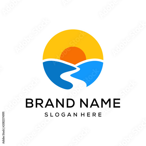 summer beach sea ocean coast, lake river with summer sun rays logo design inspiration