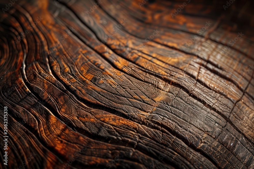 Obraz premium Close-up of a rustic, weathered wooden surface with a rich, brown color and a detailed, textured grain pattern.