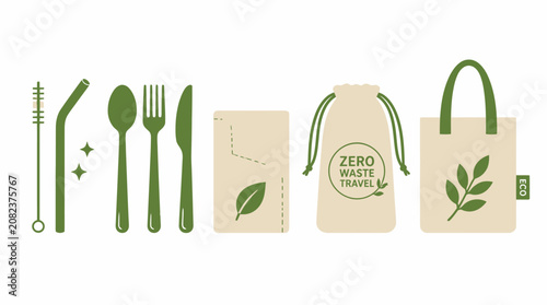Zero waste eco friendly travel kit sustainable icons set.