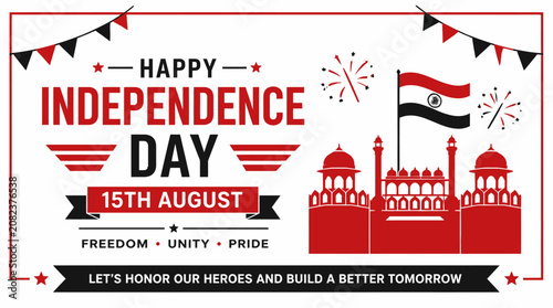 Foto India Independence Day banner with Red Fort and flag.
