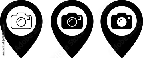 Photography Black camera icons inside location map pins showing photography spots